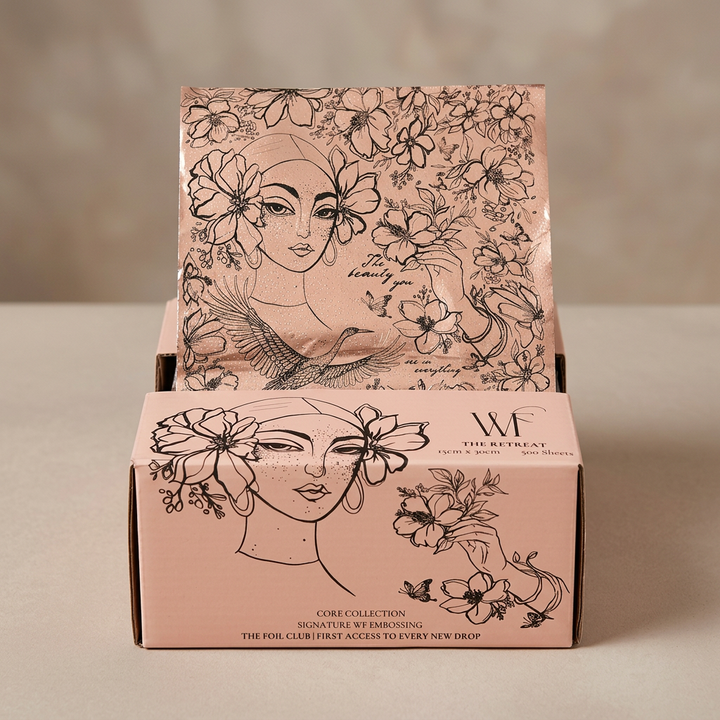 The Retreat pop-up hair foil box open with the first pre-cut foil standing up, Core Collection, Westwater Foil Co