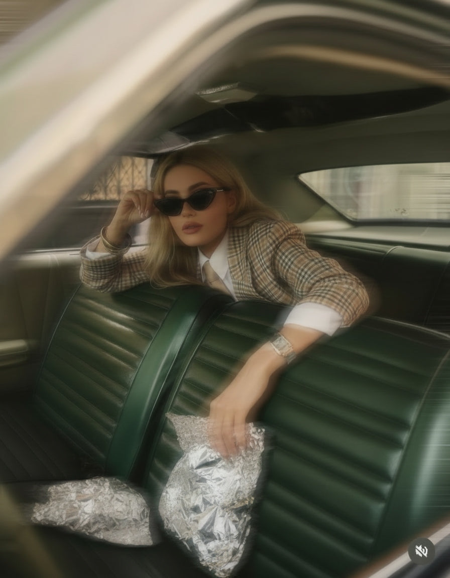 Person sitting in a car with green interior, wearing sunglasses and a patterned jacket.
