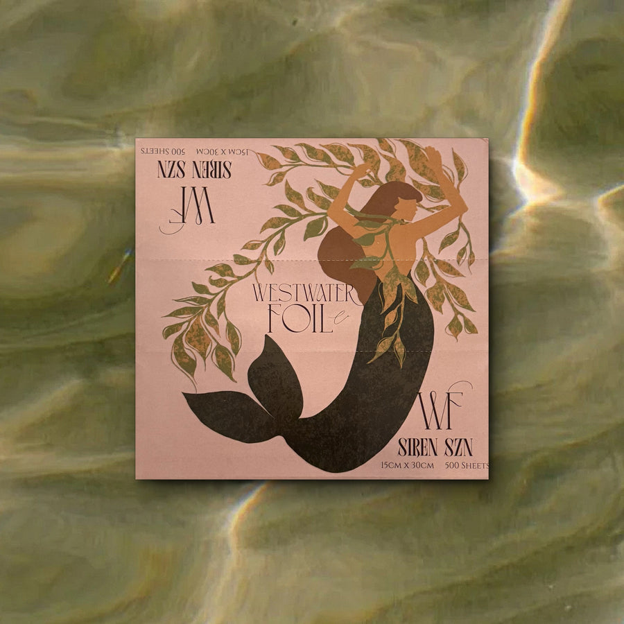 Closed Siren SZN box lid seen from above, with mermaid and leaf artwork and the Westwater Foil lettering