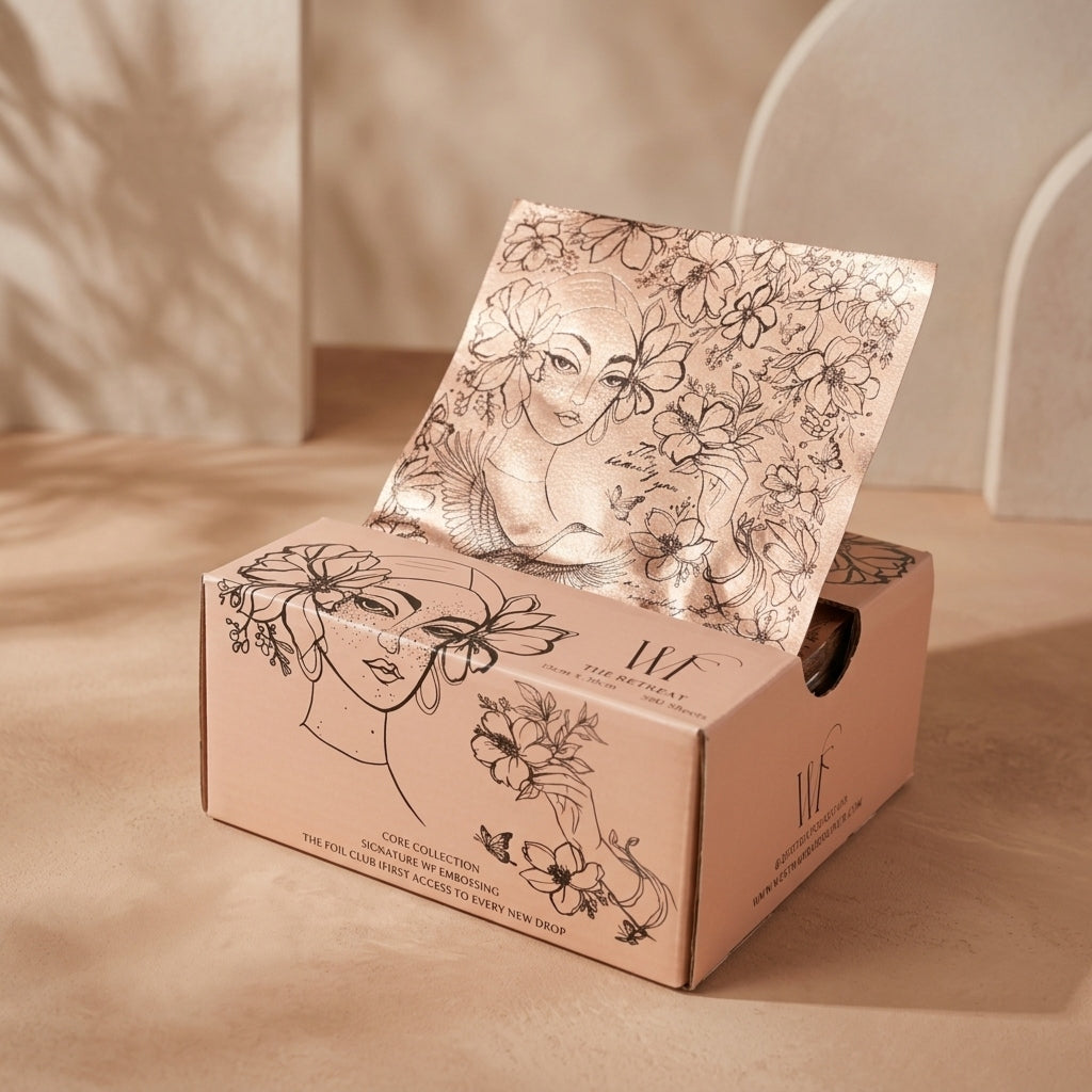 Hands lifting a pre-cut foil from The Retreat pop-up box, pre-folded and ready to use