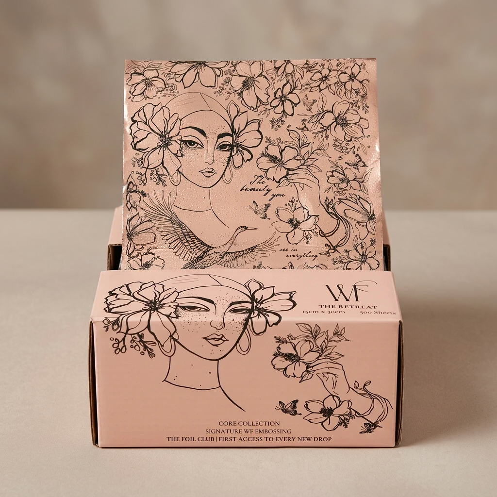 The Retreat pop-up hair foil box open with the first pre-cut foil standing up, Core Collection, Westwater Foil Co