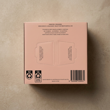 Back of The Retreat box: hair foil, upgraded, designed by a colourist, with recycling marks for the box and the foil