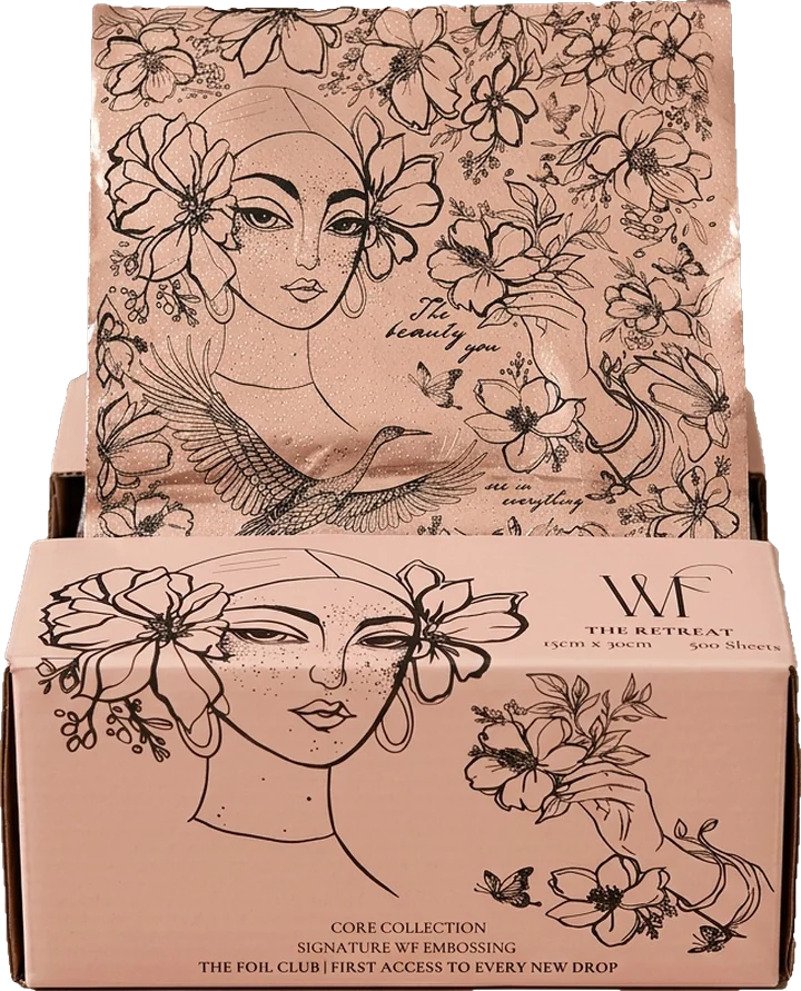 The Retreat box, open, showing the printed foil